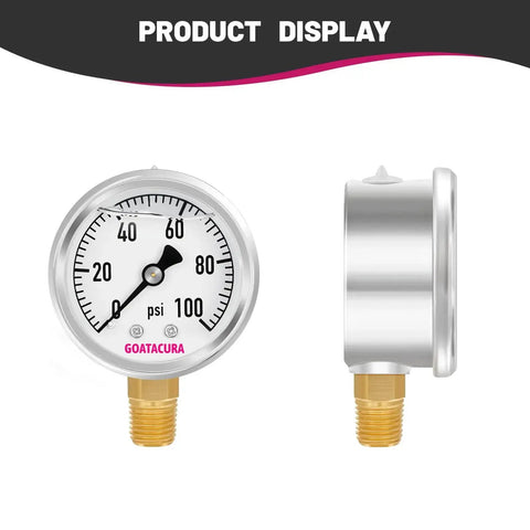 Glycerin Filled Pressure Gauge 0-100 PSI With 2 Inch Dial 304 Stainless Steel Case 1 Quarter Inch NPT Lower Mount Front and Side View