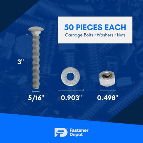 Five Sixteenth By Eighteen Fully Threaded Carriage Bolt Kit For Exterior Use With Hot Dipped Galvanized Finish Heavy Duty Set