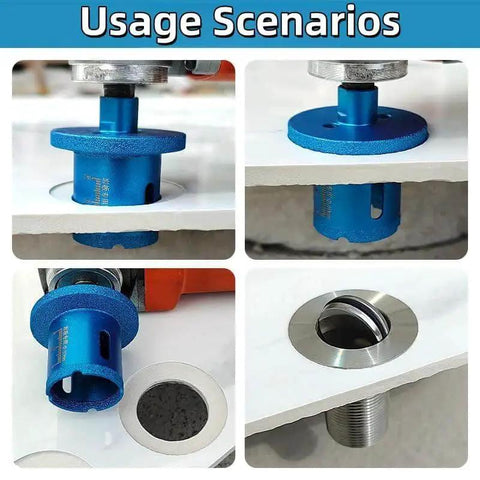 Ultra Durable Double Layer Brazed Diamond Core Drill Bit For Porcelain Tile Ceramic Stone Granite Marble Washbasin Drilling With Chip Removal Hole Design Fast Cutting And Long Wear Ideal For Home DIY And Professional Use MiJunHD in use, showing hole cutting and chip removal.