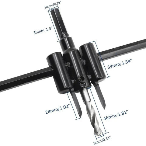 Close-up of Adjustable Hole Saw Circle Cutter 1 3 16 Inch To 12 Inch Diameter Versatile Tool with drill bit and hex wrench