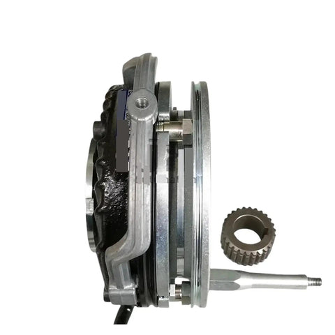 Electromagnetic brake clutch assembly; side view shows metal housing, exposed shaft, and toothed ring