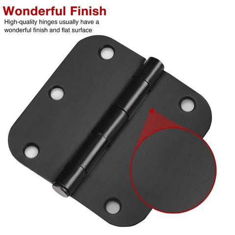 Close-up of single 30 Pack Matte Black Interior Door Hinges 3.5 Inch by 3.5 Inch Round Radius Five Eighth Inch Hinge Heavy Duty Removable Pin