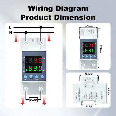 Wiring diagram of Over And Under Voltage Protector With Adjustable Current And Voltage, 120VAC 63A, LED Display, Magnetic Latching Relay