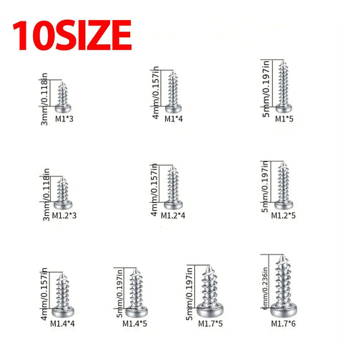 10 sizes of screws in the 600 Piece M1 To M1.7 Miniature Self Tapping Screws Set Crosshead Carbon Steel Kit for home projects.