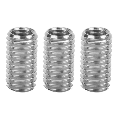 Front view of three stainless steel thread inserts (sleeves) with external threads for machinery repair