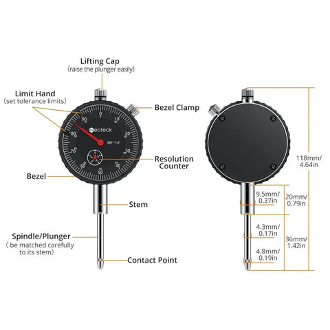 Diagram of Pro Grade 0-1 Inch And 0.001 Inch Dial Indicator Kit With Magnetic Base And Case, showing labeled parts and measurements.
