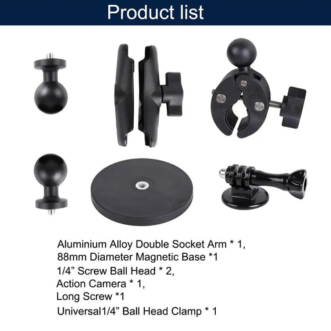 "Dope Motorcycle Handlebar Magnetic Mount Kit For Action Cameras With 1/4 Inch Thread 360 Degree Rotating Ball Head Clamp Durable GoPro And Insta360 Mounts Works With X3 X4 X5 And GoPro Hero 13 12 11 10 9 8" components shown in product list, including aluminum alloy double socket arm and magnetic base.