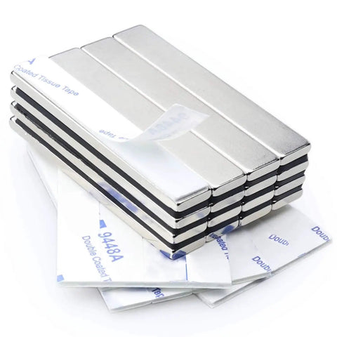 16-pack neodymium bar magnets with double-sided adhesive, 60 x 10 x 3 mm, silver.