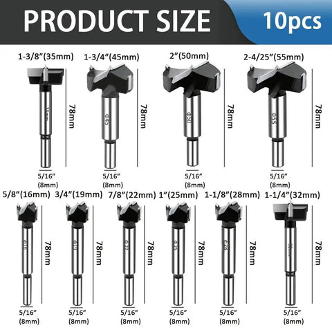 Pro Grade Carbide Tipped Forstner Drill Bit Set For Hardwood 10 Piece Woodworking Hole Saw Kit For Wood Plastic Plywood Includes 16mm 19mm 22mm 25mm 28mm 32mm 35mm 45mm 50mm 55mm And 85mm Length size guide showing different diameters and lengths