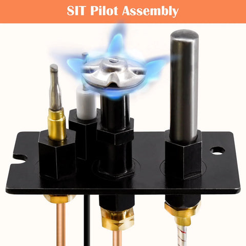 SIT Pilot Assembly for gas fireplaces, black metal base with brass fittings and blue flame