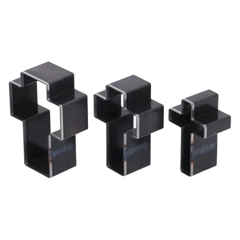 Crossed Shape Hollow Punch Cutter Die Set For Leather Crafting in alloy steel, three sizes, for card making and DIY projects.