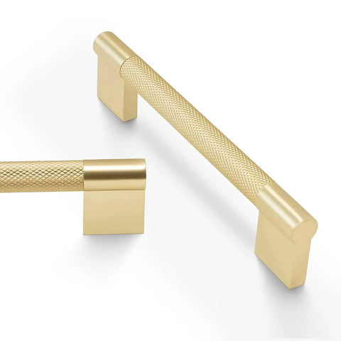 10 Pack Brushed Brass Knurled Cabinet Handles 5 Inch Center to Center 5.9 Inch Overall Length shown close-up in gold tone
