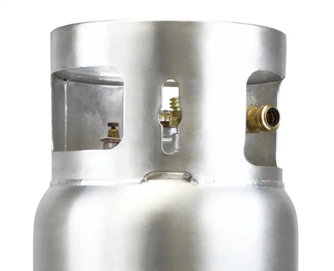 Close-up of Aluminum 33.5 Lb Forklift Propane Tank With Integrated Gauge Durable Lightweight showing valve and gauge details