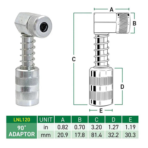 90 Degree Grease Coupler Adapter For Tight Spaces With Spring Loaded Collar And Three Hardened Steel Jaws Rubber Seal And Check Valve Delivering A Tight Reliable Connection In Hard To Reach Fittings From LockNLube with dimensions.
