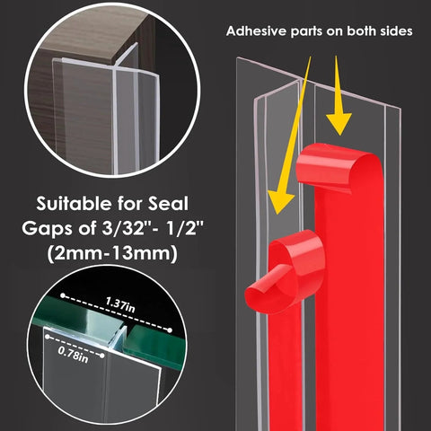 Clear Silicone T Shaped Door Draft Stopper With Double Sided Adhesive Seal Strip For Side Of Door Frame, Weather Stripping That Blocks Wind And Cold Air, Fits Gaps On Doors And Windows, Easy Install shown with adhesive parts and suitability for gap sizes.
