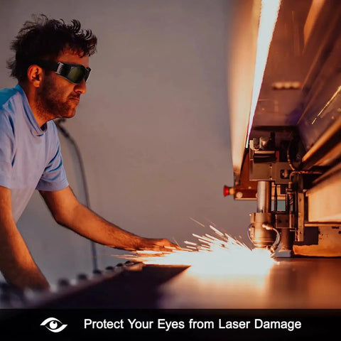 Person wearing Laser Safety Glasses For Fiber Laser Engraving And Cutting Pro Grade Eye Protection Goggles near laser cutter