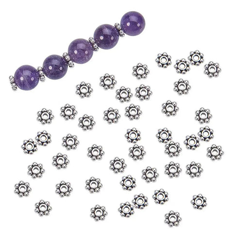 Antique Silver Daisy Flower Spacer Beads 6mm 300Pcs Tibetan Style Alloy Spacer Beads For Dope DIY Jewelry Making Bracelet Necklace Earring Craft Supplies Loose Beads shown with purple beads