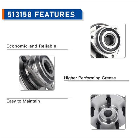 Close-up of front wheel hub and bearing assembly direct fit for 1999-2001 Jeep Cherokee, 2000-2006 Jeep TJ and Wrangler, highlighting features.