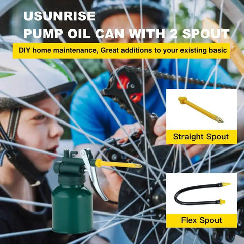 Person using Green Metal Oil Can Set with Two Complete Sets of Spouts for precision oiling of bicycle chain.