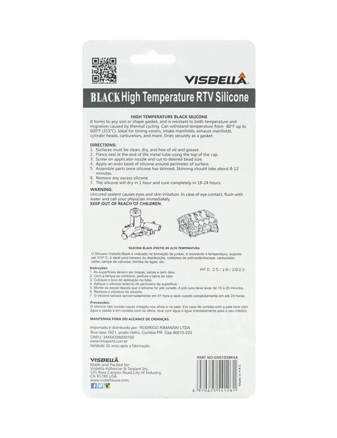 Back view of packaging for High Temperature RTV Silicone Gasket Maker For Cars, Trucks, And Hot Rods, Oil and Water Resistant Quick Dry Sealant.