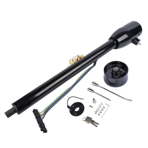 GM 32 Inch Steering Column Floor Shift Replacement With Key 9 Hole Adapter Black shown with accessories