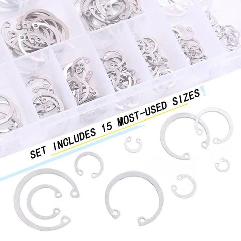Internal Snap Ring Set 304 Stainless Steel, 200-Piece Assortment in 15 Common Metric Sizes displayed in a compartmentalized box.