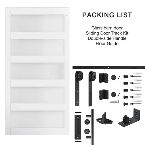 5-Panel Sliding Glass Barn Door 42-Inch By 84-Inch With Frosted Glass Waterproof Scratch-Resistant Privacy For Bathroom Includes 7-Foot Hardware Kit
