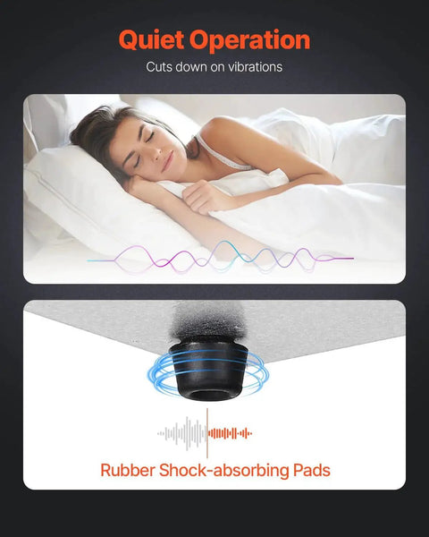 Woman sleeping quietly illustrating quiet operation with rubber shock-absorbing pads reducing vibrations in product mechanism.