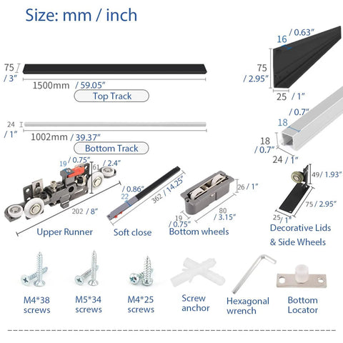 Diagram of Concealed Sliding Barn Door Hardware Kit With 59.05 Inch Track showing measurements and components, including soft close mechanism.