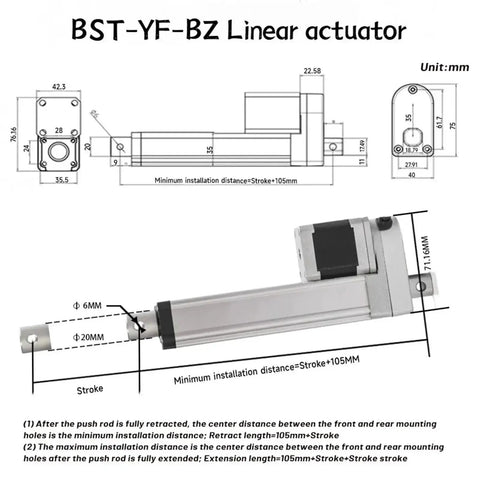 Diagram of BST-YF-BZ Quiet Linear Actuator With NEMA 17 Stepper Motor Drive 50mm To 1000mm Stroke Push Rod For Automation Equipment