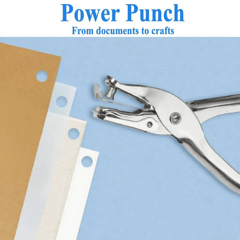 Dual Size Metal Hole Puncher for office and crafts, two punch heads, compact desktop design, shown punching paper and cardstock.