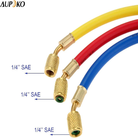 Three color-coded refrigerant charging hoses with 1/4 in SAE brass fittings and ball valves, yellow/red/blue, 60 in