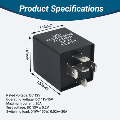 5 Pin LED Turn Signal Flasher Relay for Hyper Flash Fix EP27N, showing dimensions 1.18x1.18x1.53 inches and voltage specs.