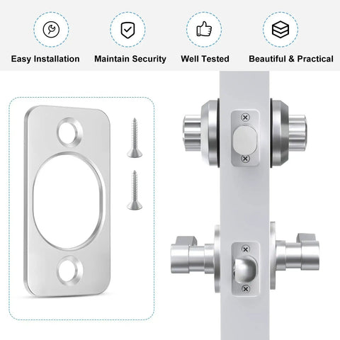 2 Pack Stainless Steel Strike Plate Backplate for Doors alongside latch mechanism, two and one quarter inch, heavy duty, waterproof.