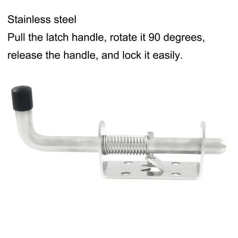 5 Inch Spring Loaded Latch Pin Heavy Duty Barrel Bolt Door Lock Stainless Steel with instructions on operation.