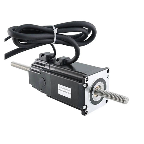 NEMA23 stepper motor with silver threaded lead screw, black housing and front flange for CNC use