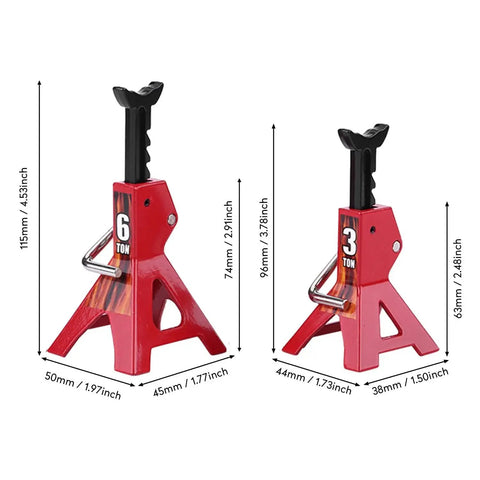 4Pcs Adjustable Metal Jack Stands for 1/10 RC Crawler Cars Climbing Jack Set, two red stands labeled 6 ton and 3 ton