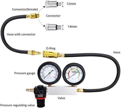 Image of Cylinder Leak Down Tester And Compression Test Kit With Dual Gauge for 4-stroke engines with 480mm hose and adapters.