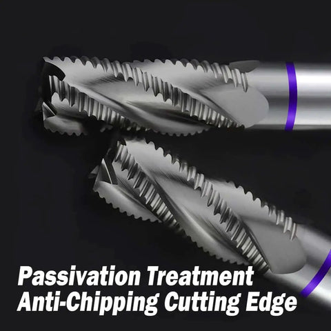 Close-up view of a Rugged One Half Inch Four Flute Carbide Roughing End Mill For Steel Aluminum And Hardened Metals