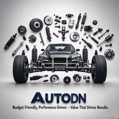 Car parts and front wheel assembly displayed artistically with a car outline in the center, labeled 'AUTODN Budget Friendly Performance-Driven.'