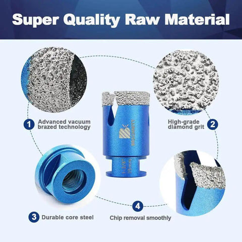 Four And A Half Inch Vacuum Brazed Diamond Core Drill Bit For Porcelain Tile Ceramic Marble Granite Dry Drilling With 5 By 8 By 11 Thread And Hole Saw Pro Grade Heavy Duty Tool By BRSCHNITT features details about raw material quality