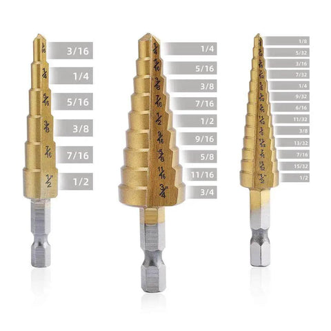 Titanium Coated Step Drill Bit Set For Aluminum Wood And Plastic Holes High Speed Steel Cone Bits Multi Size Unibit 3 Piece Kit For DIY Enthusiasts Aleric