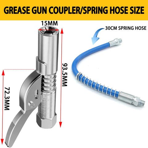 Grease gun coupler with 30cm blue spring hose and metal fittings