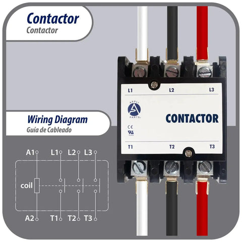 Image of Heavy Duty 3 Pole Contactor 75 Amp 240 Volt Coil Replacement with wiring diagram, UL listed for HVAC and electrical applications.