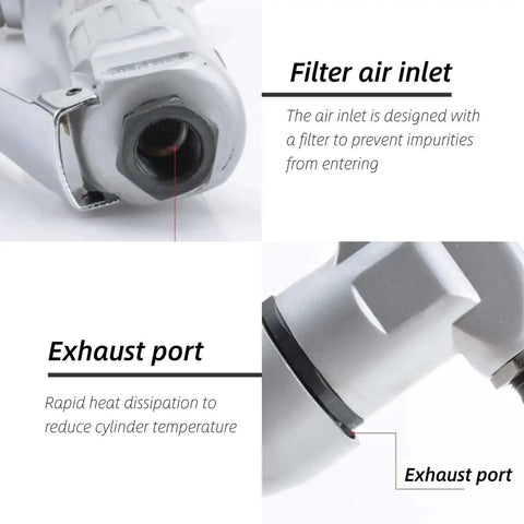 Close-up of filter air inlet and exhaust port on Beefy Pneumatic Sheet Metal Cutter Handheld Air Nibbler With Hardened Blade And Alloy Case 2800 RPM