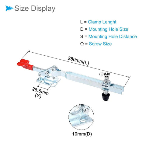 Heavy Duty Horizontal Quick Release Toggle Clamp For Woodworking 550 Lbs Holding Capacity with size display.