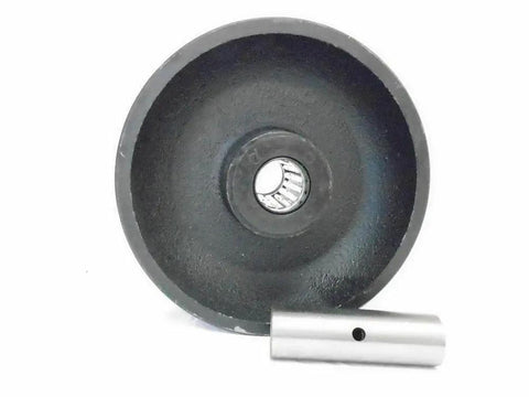 Iron wheel component of Heavy Duty 5 Inch By 2 Inch Rigid Caster Set Of Four With Seven Eighths Inch V Groove Iron Steel Wheels 900 LB Capacity Each