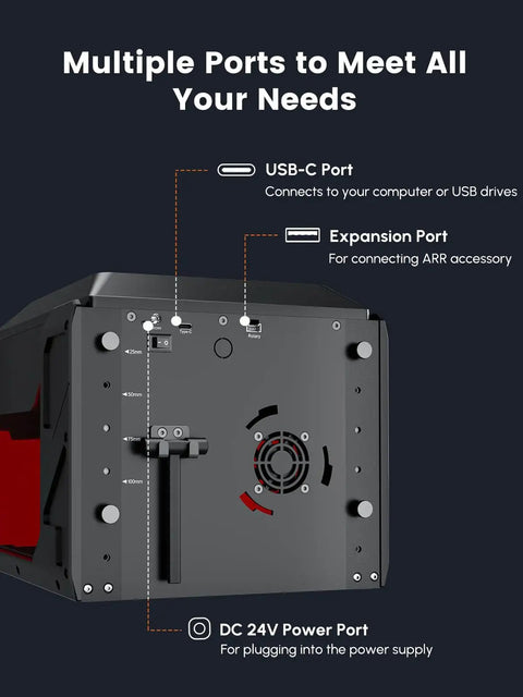 Back view of Portable 10W Laser Engraver For Wood Metal Glass With 3.5 Inch Touchscreen And AlgoOS showing ports and expansion slot.