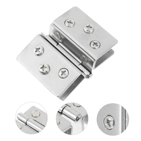 Close-up of double sided stainless steel glass door hinge for display cabinets, featuring screws and durable design for easy installation