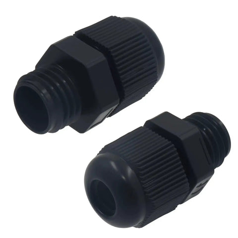 Two Pack 1/2NPT Weldless Thermowell Temperature Sensor in Stainless Steel With Nylon Cable Gland, black, side and angled view.